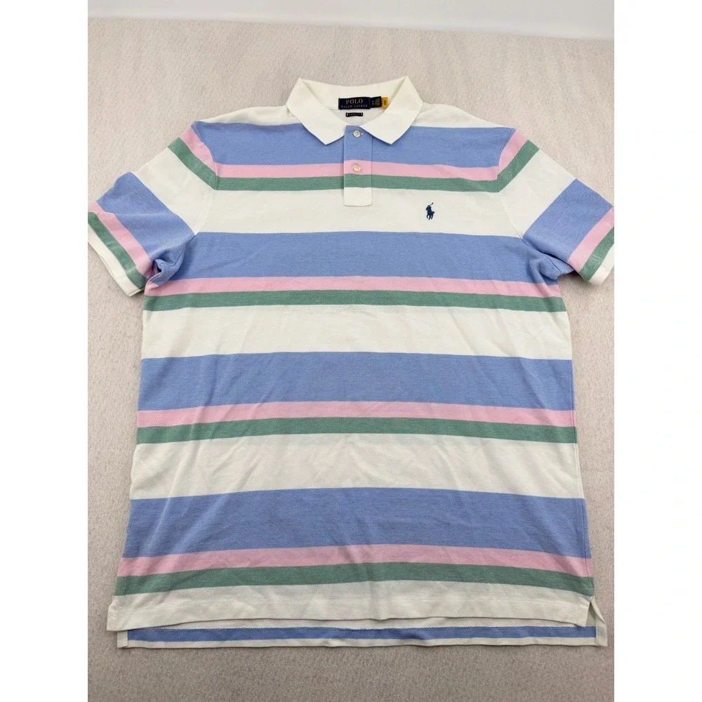 Polo Ralph Lauren Mens XL Classic Fit Short Sleeve Pique Polo White/Blue Striped